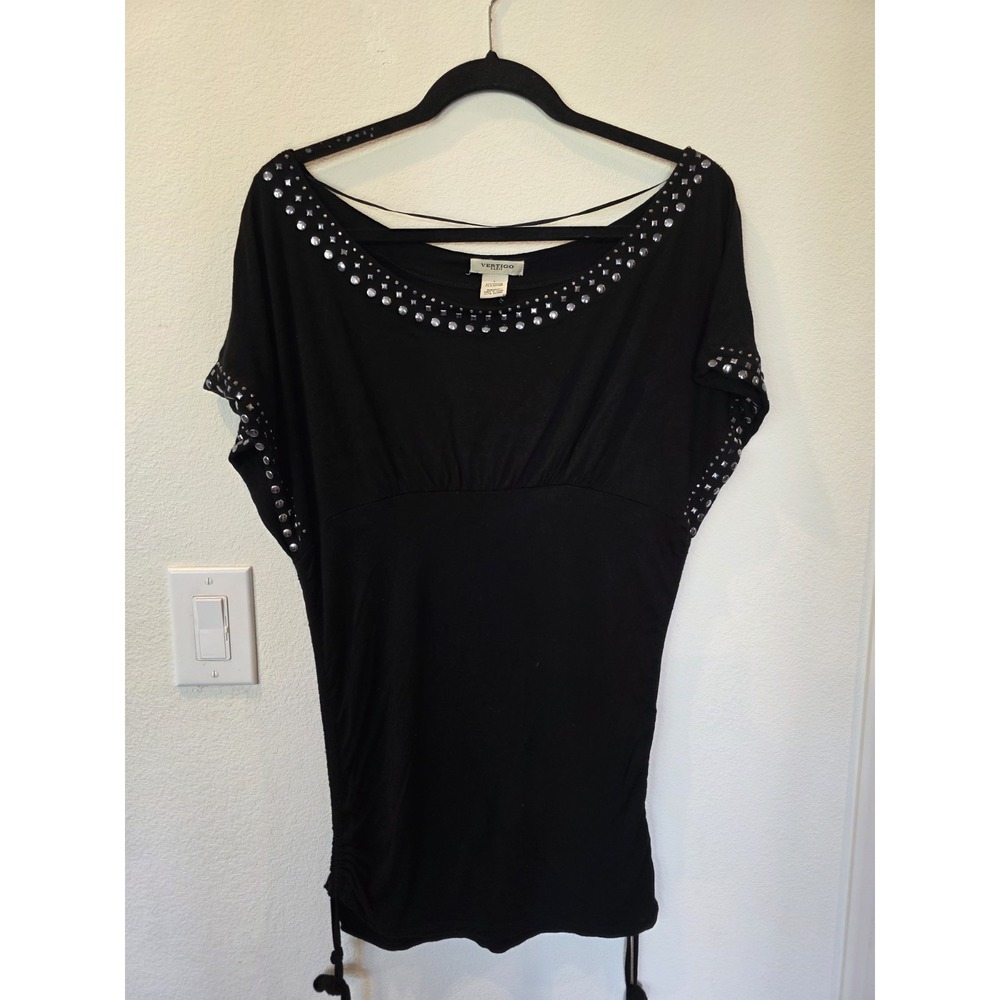 VTG Y2k Vertigo Paris Black Mini Dress Tunic Sz L Silver Studs‎ Side Cinch Party - Picture 2 of 6